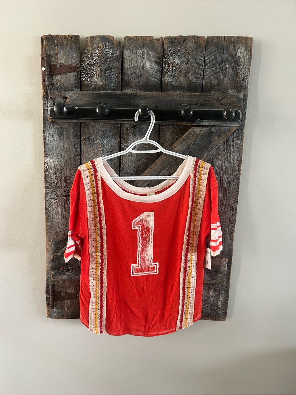 New w/Tags We The Free Red Graphic '1' Short Sleeve Tee with Striped Detail
